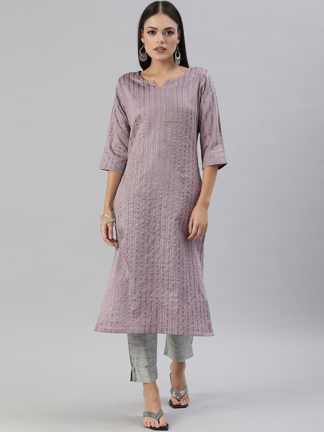 KALINI Lavender & Grey Striped Kurti Price in India