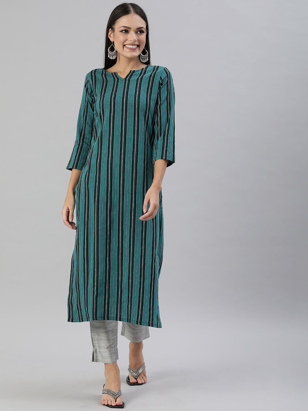 KALINI Teal Striped Kurti Price in India