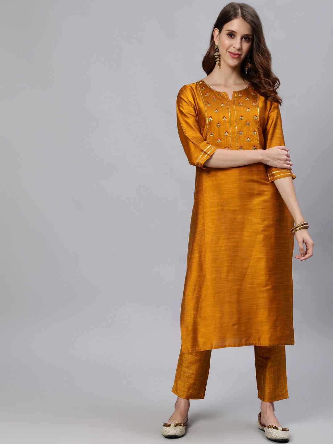 Jaipur Kurti Women Mustard Yellow Ethnic Motifs Kurta with Trousers Price in India
