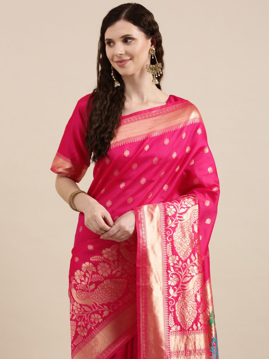 VAIRAGEE Pink & Golden Ethnic Motifs Pure Silk Saree Price in India