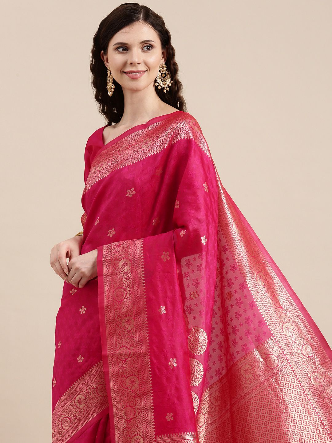 VAIRAGEE Pink & Golden Ethnic Motifs Banarasi Woven Design Saree Price in India