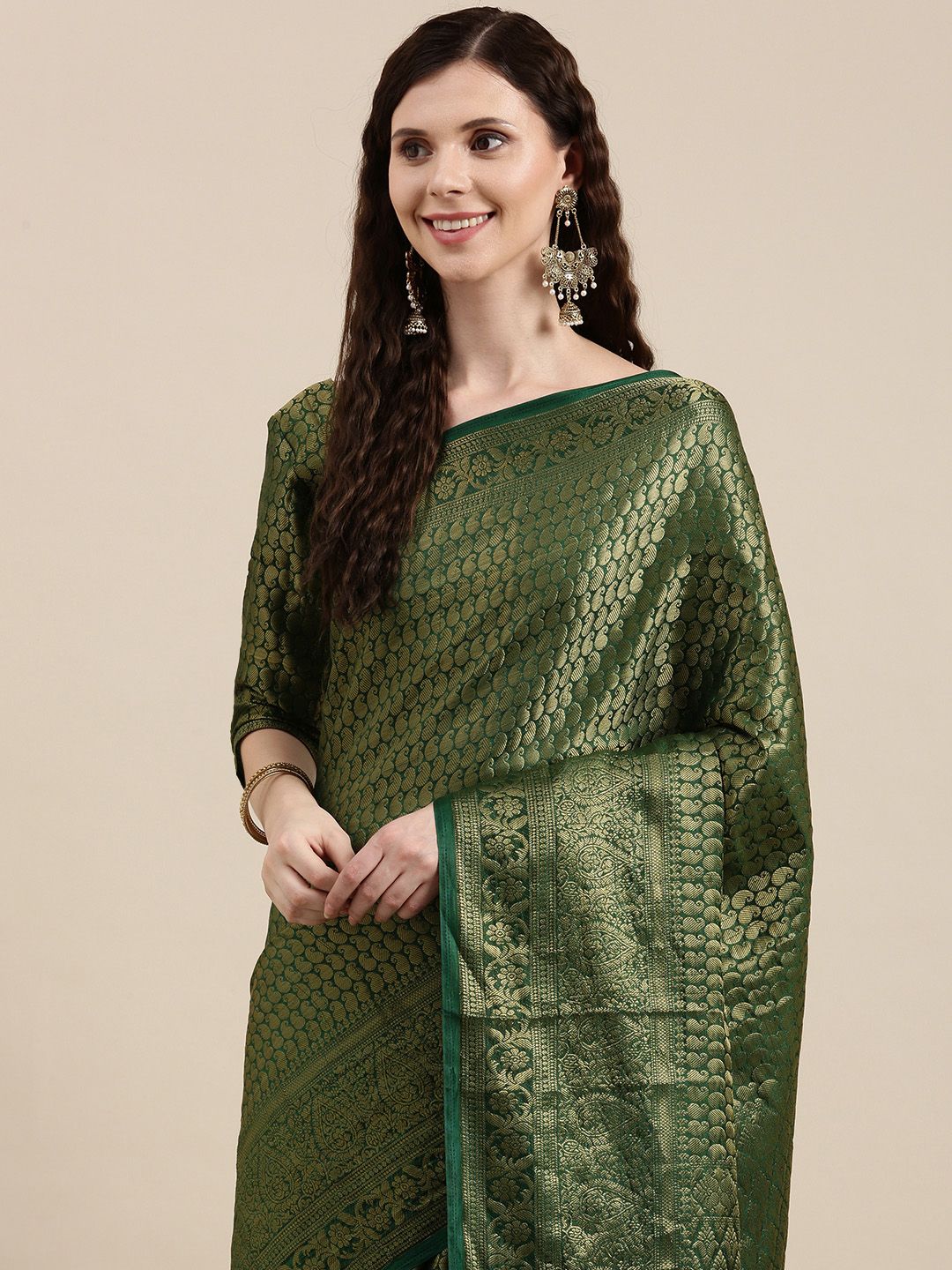 VAIRAGEE Green & Golden Ethnic Motifs Pure Silk Kanjeevaram Saree Price in India