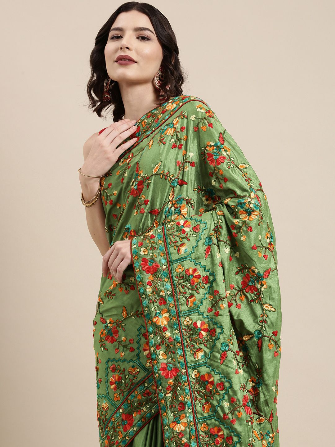 VAIRAGEE Green & Red Ethnic Motifs Embroidered Silk Blend Saree Price in India
