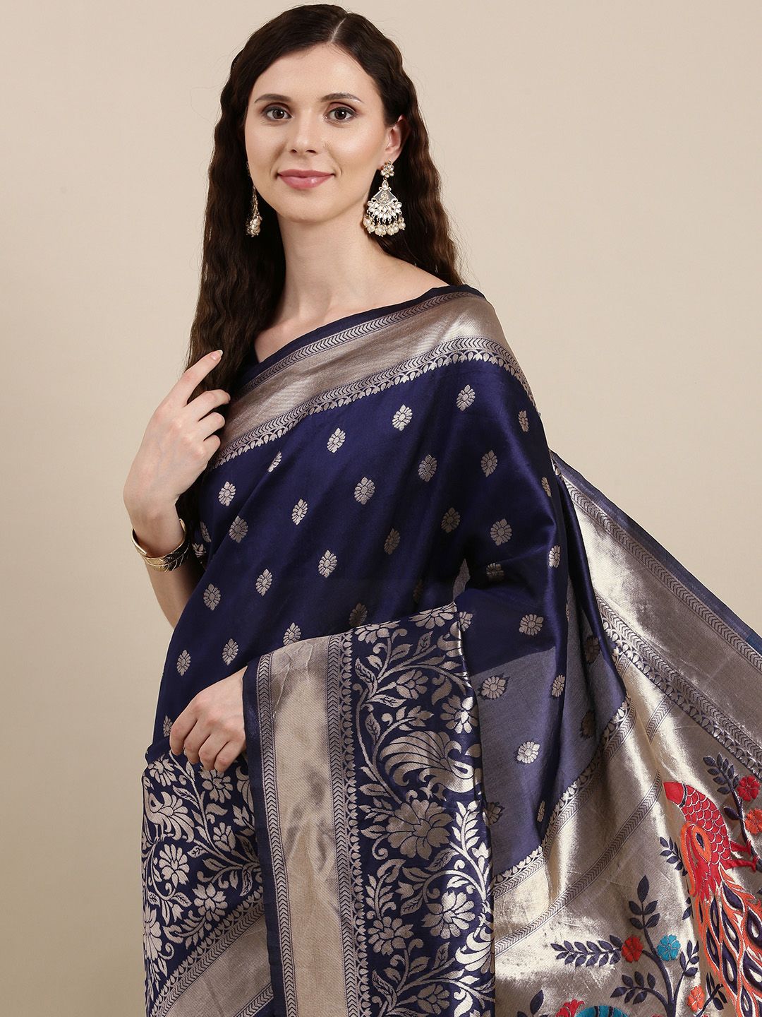 VAIRAGEE Navy Blue & Gold-Toned Ethnic Motifs Pure Silk Saree Price in India