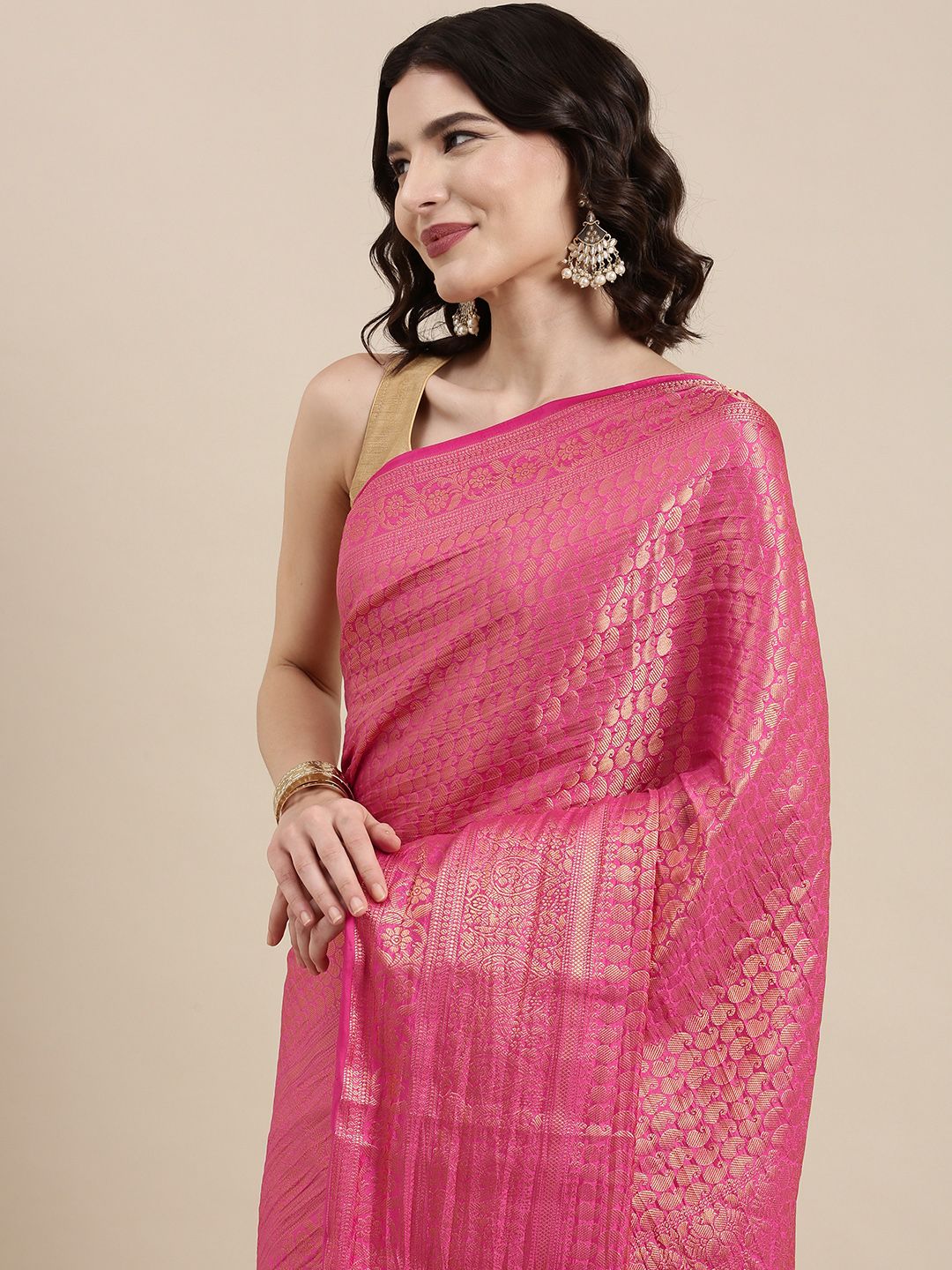 VAIRAGEE Pink & Golden Ethnic Motifs Pure Silk Kanjeevaram Saree Price in India