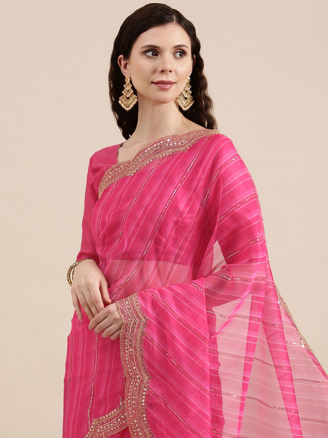 VAIRAGEE Pink Striped Embroidered Organza Saree