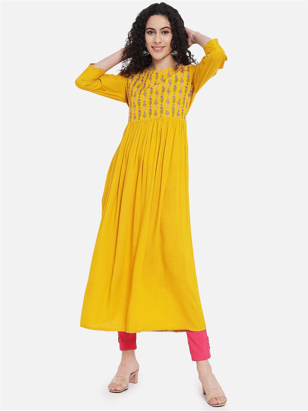 Nehamta Women Mustard Yellow Ethnic Motifs Embroidered Ethnic Maxi Dress Price in India