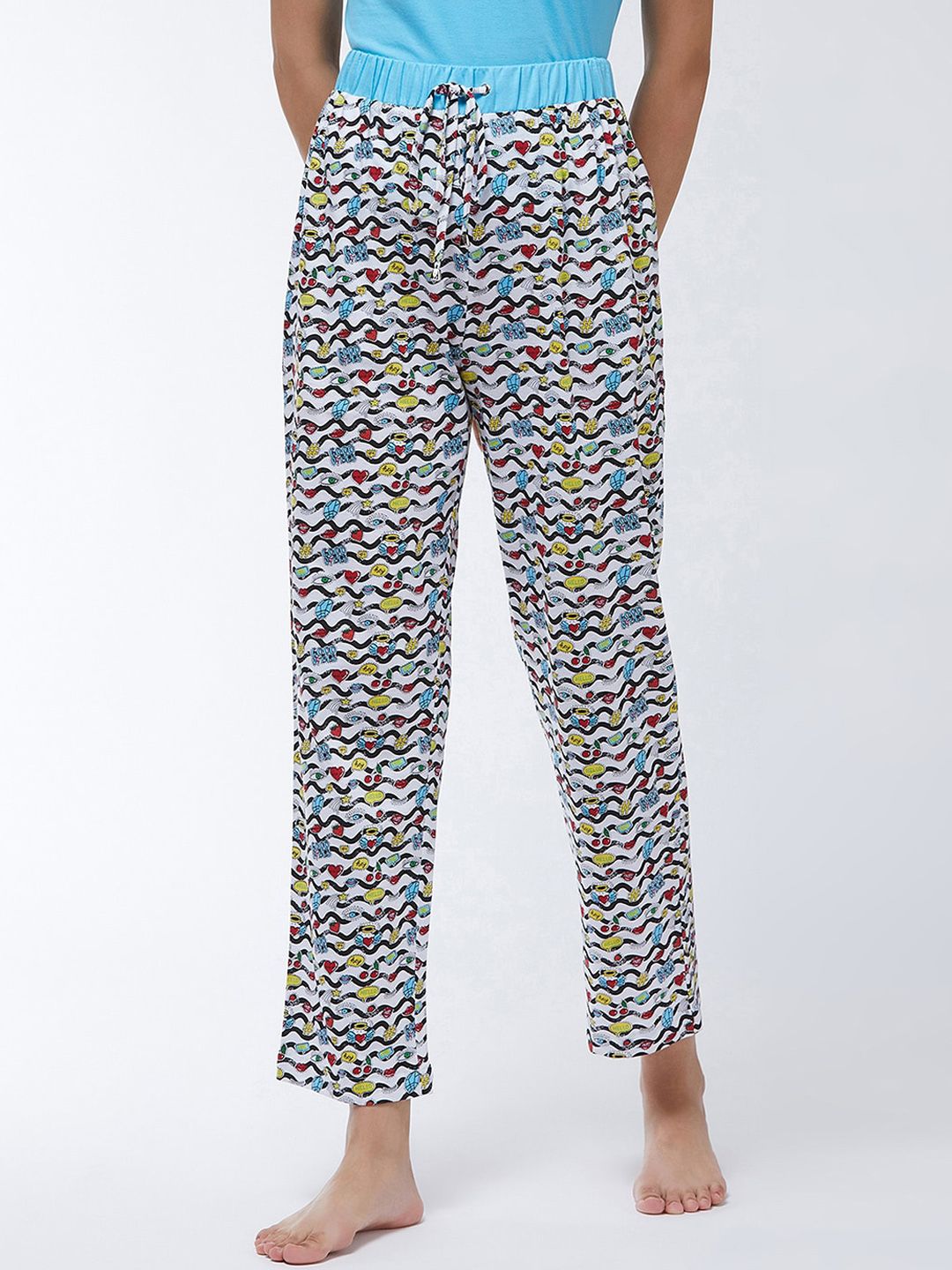 Miss Chase Women White & Blue Printed Pure Cotton Lounge Pants Price in India