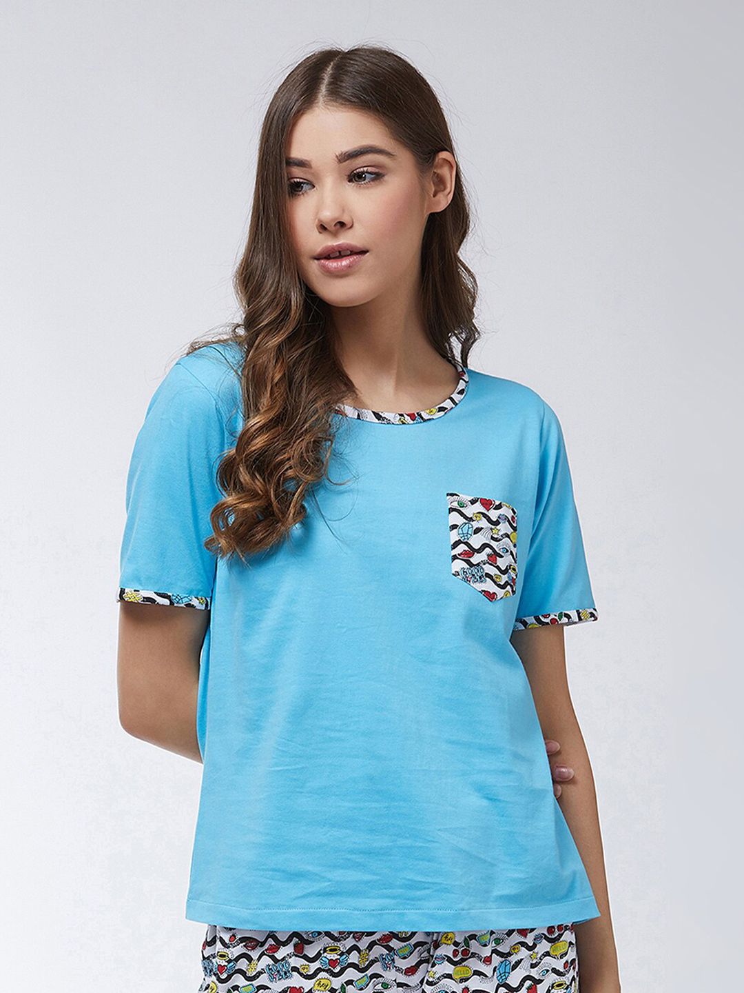 Miss Chase Women Turquoise Blue Relaxed Fit Pockets Pure Cotton Lounge T-shirt Price in India