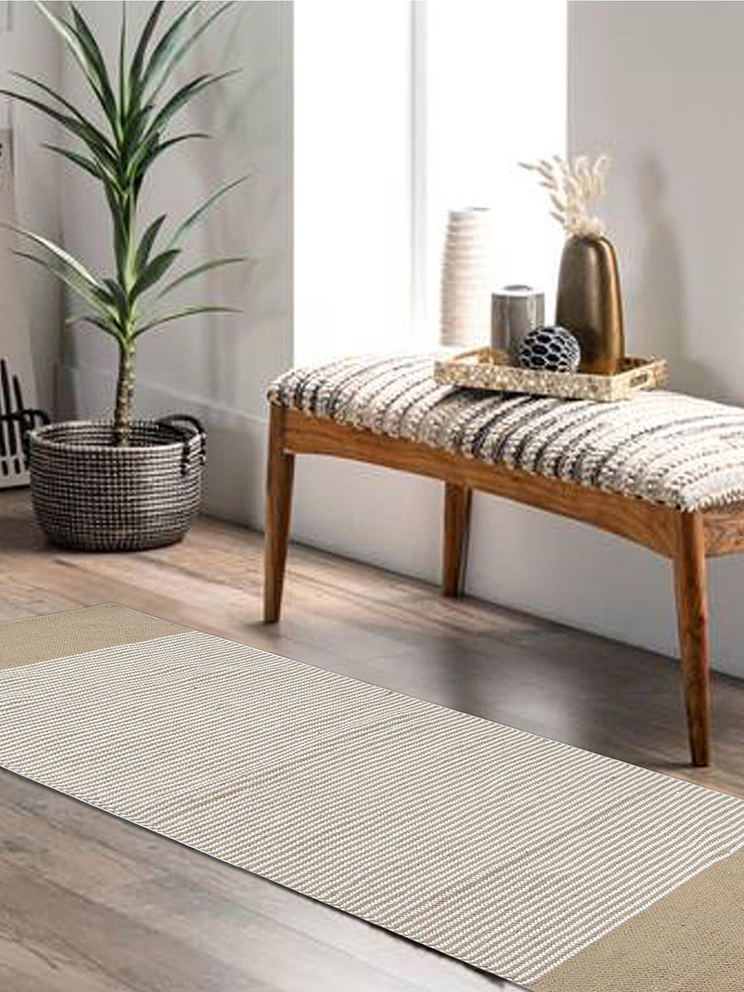 HABERE INDIA Beige Striped Hand Woven Pure Cotton Runner Price in India