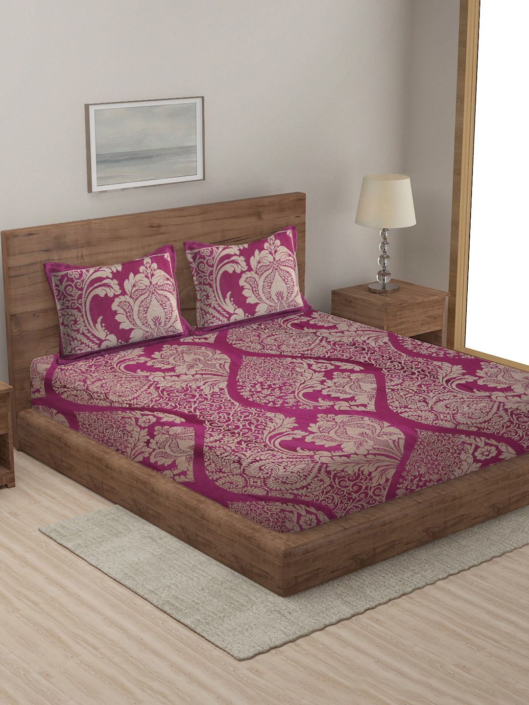 MULTITEX Magenta & Cream Above 350 TC Floral Printed Cotton Bed Covers Set Price in India