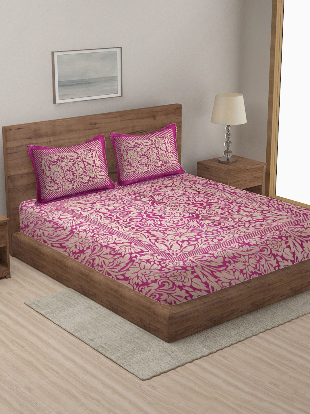 MULTITEX  Pink Floral Double Bed Queen Cover With 2 Pillow Covers Price in India