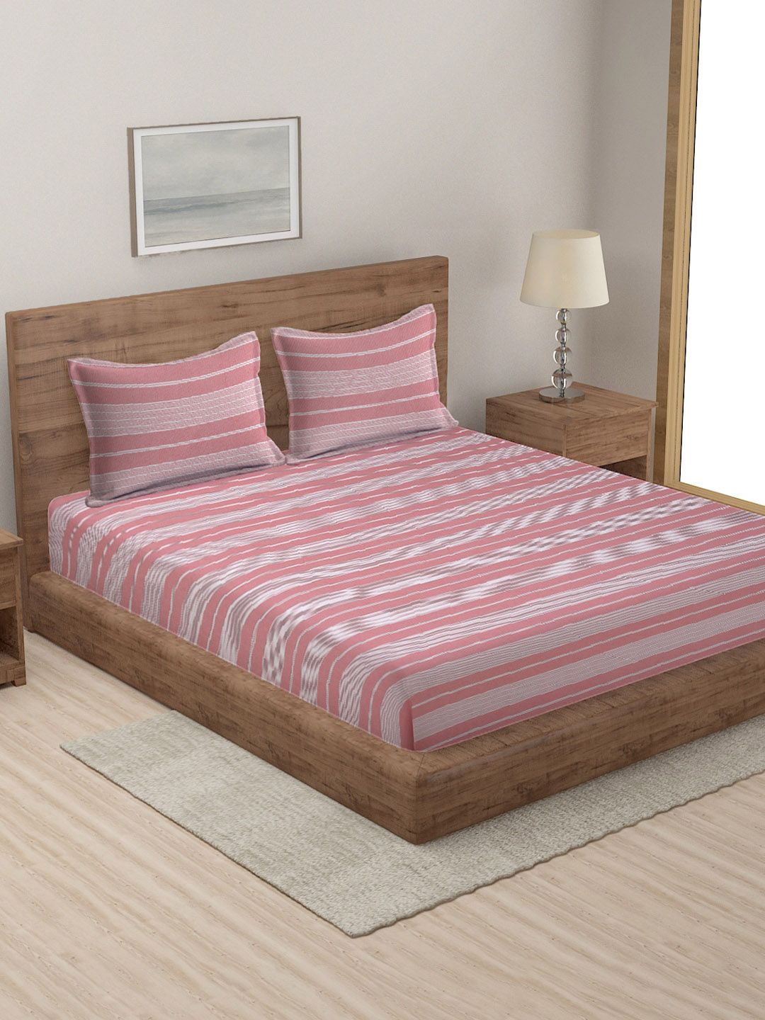 MULTITEX Pink & White Striped 350-499 GSM Cotton Double Queen Bed Cover With Pillow Covers Price in India