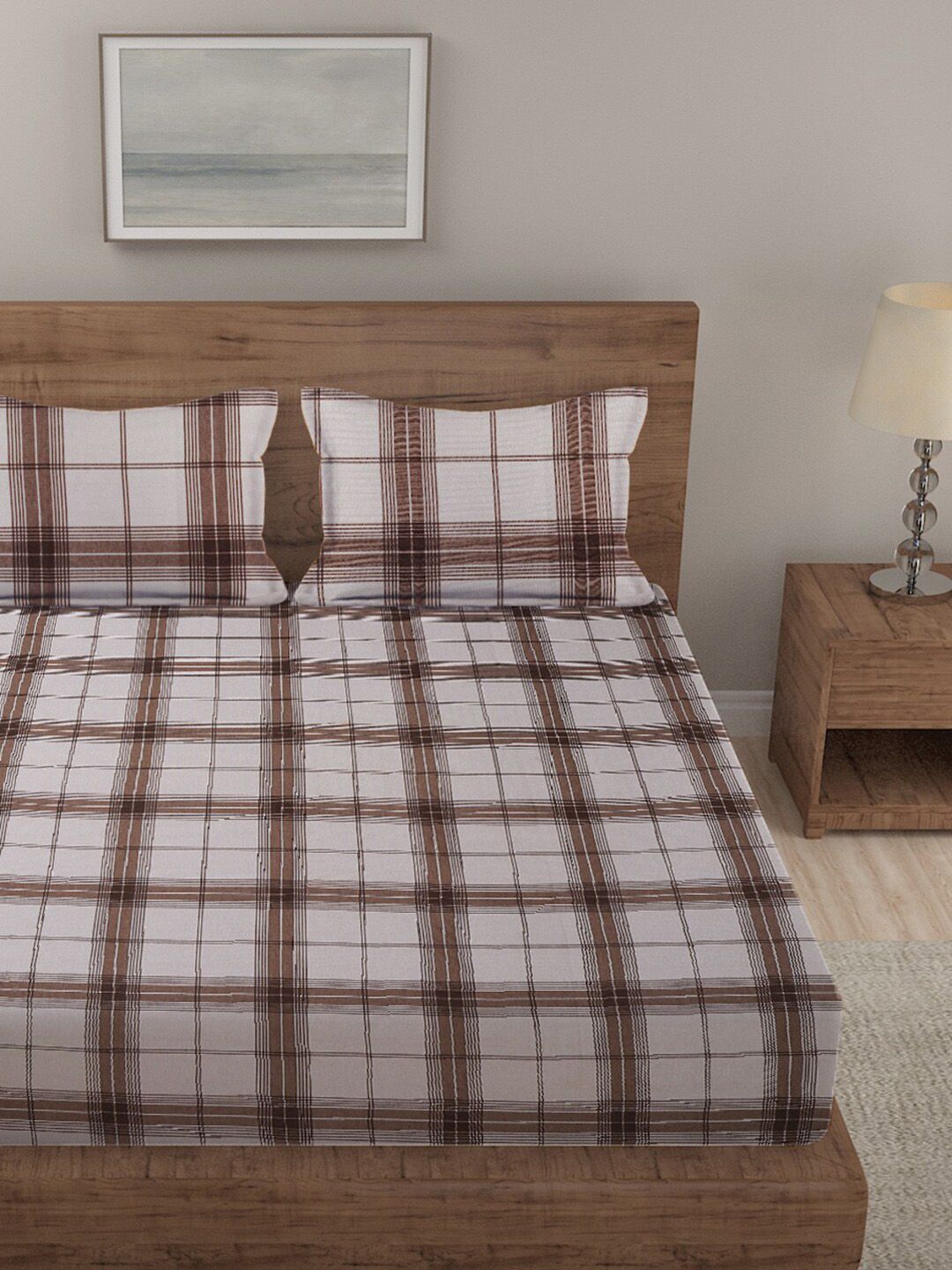 MULTITEX Coffee-Brown & White Checked Cotton Double Queen Bed Cover With 2 Pillow Covers Price in India