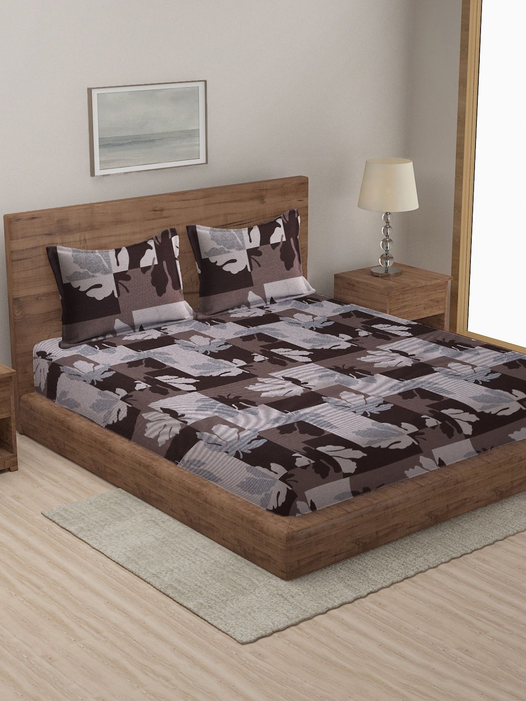 MULTITEX  Brown & Grey Printed Cotton  Double Queen Bed Cover With 2 Pillow Covers Price in India