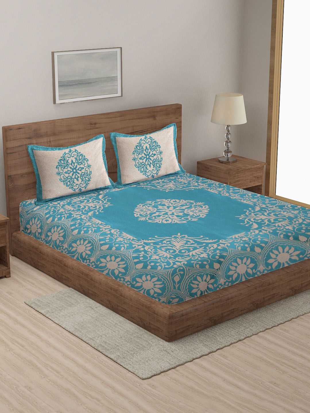 MULTITEX Blue & White Woven Design Cotton Double Queen Bed Cover With 2 Pillow Covers Price in India
