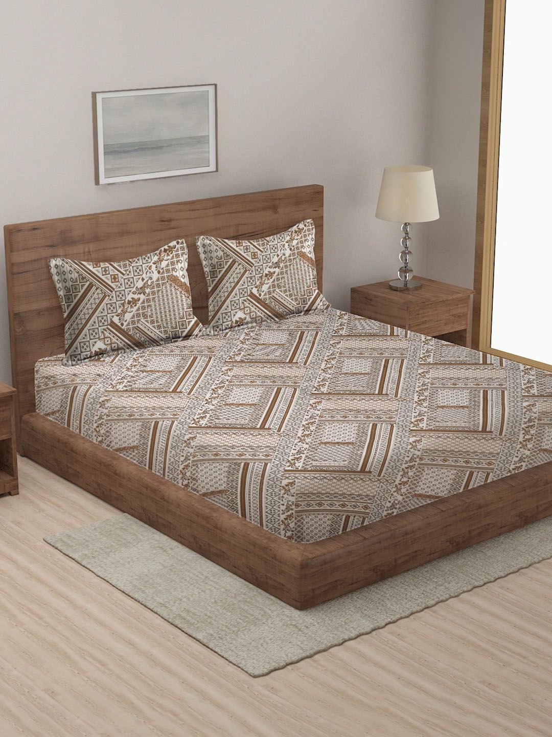 MULTITEX Rust-Brown & White Woven-Design 350-499 Double Queen Bed Cover With Pillow Covers Price in India