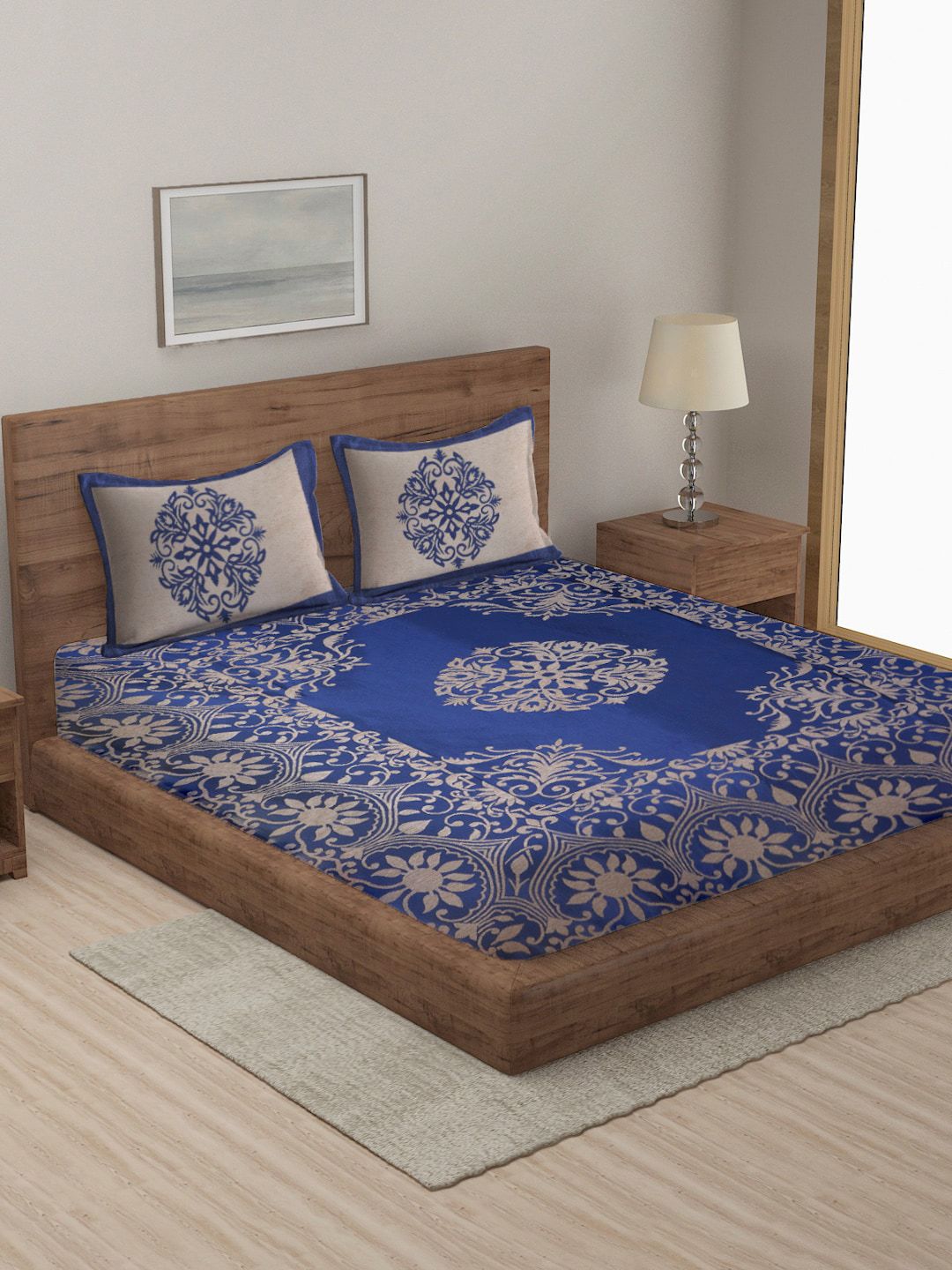 MULTITEX Blue & Beige Woven-Design Cotton Double Queen Bed Cover With Pillow Covers Price in India