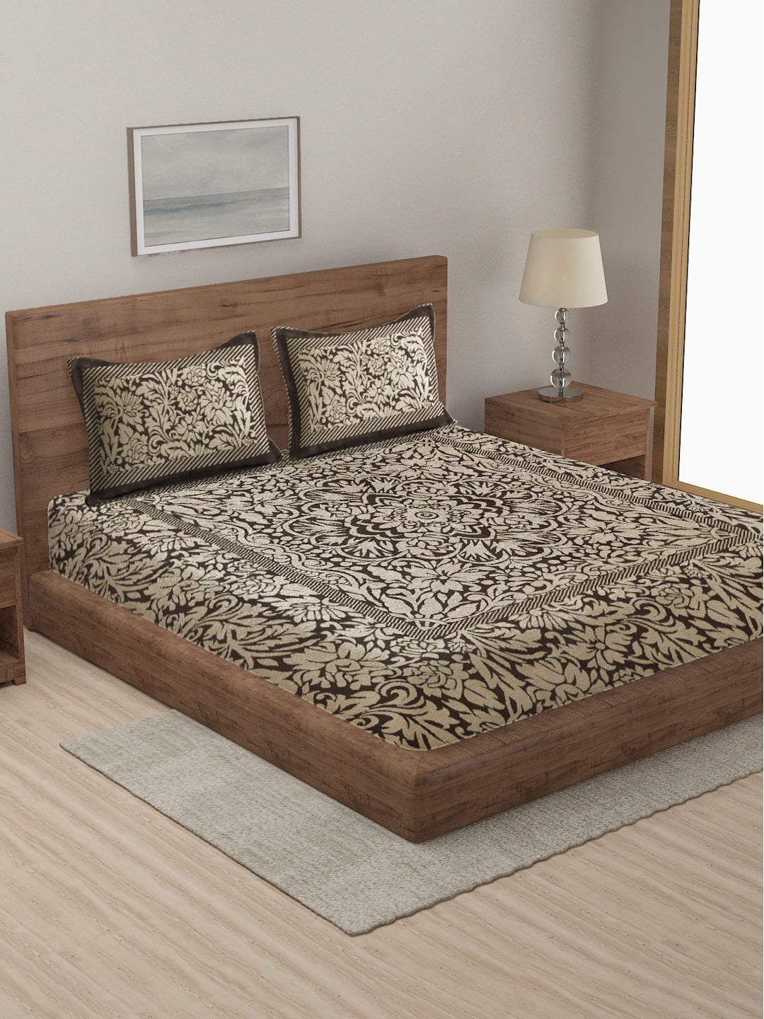 MULTITEX Brown & Beige Printed 350-499 TC Cotton Double Bed Cover With 2 Pillow Covers Price in India