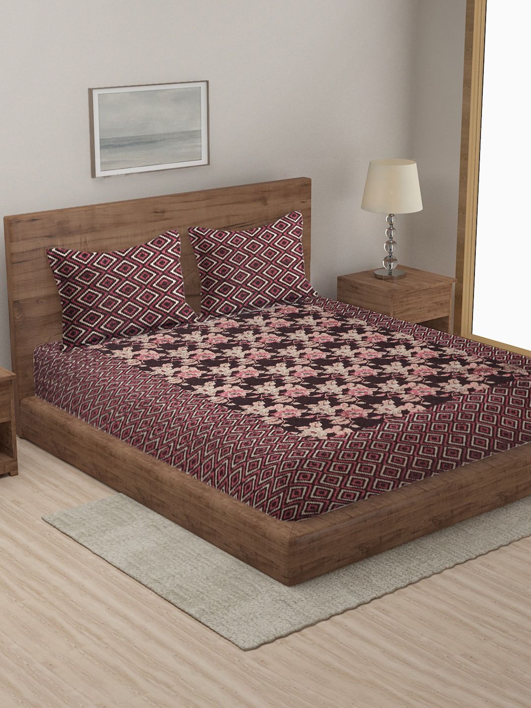 MULTITEX Brown & Pink Floral Woven Design 350-499 TC Double Bed Cover With Pillow Covers Price in India