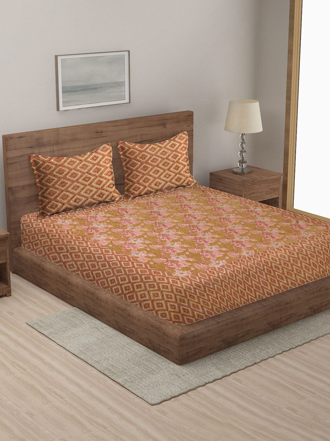 MULTITEX Mustard & Brown 350-499TC Geometric Double Queen Bed Cover With 2Pillow Covers Price in India