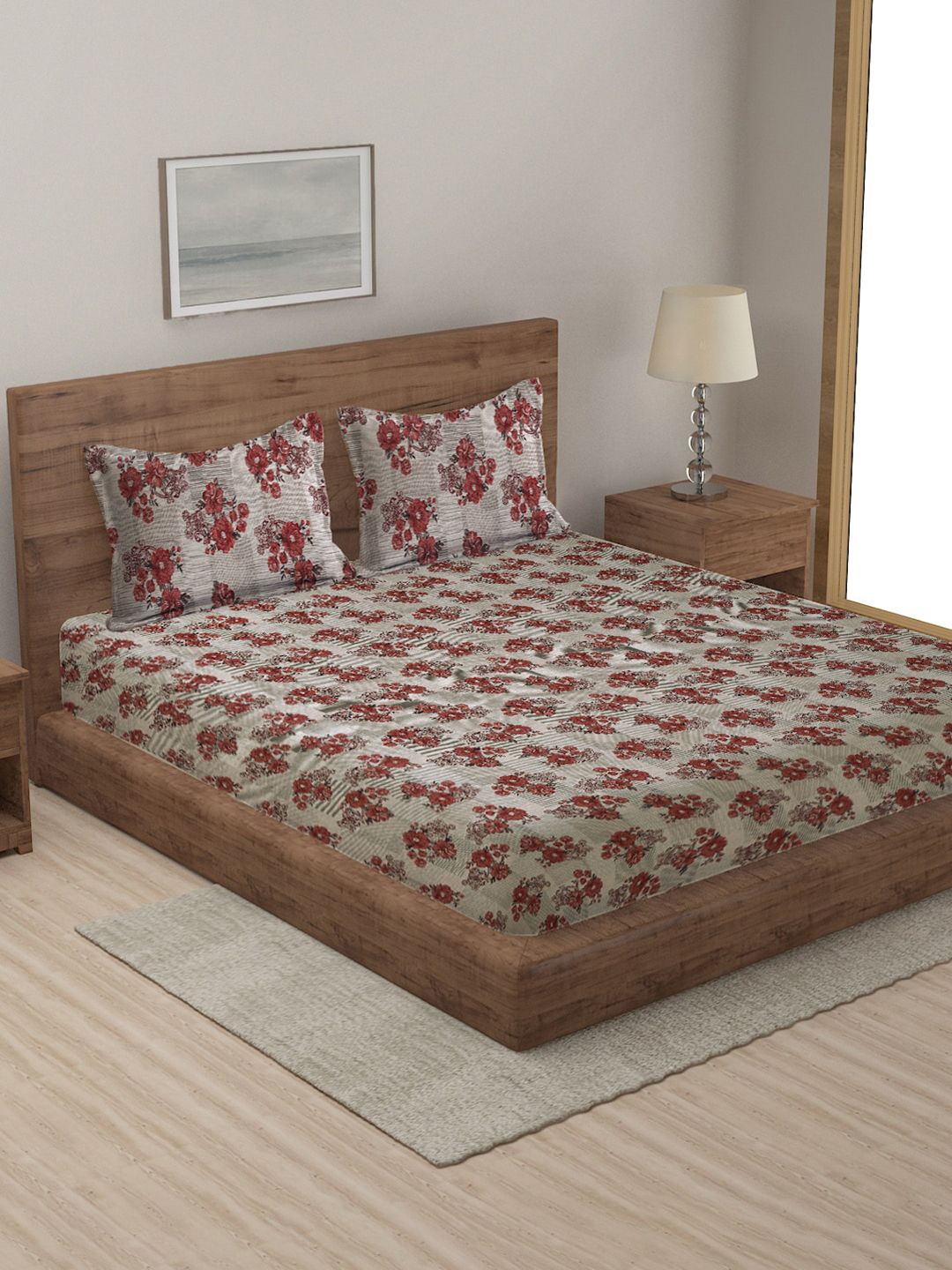 MULTITEX Red Floral Printed Cotton Double Queen Bed Cover With 2 Pillow Covers Price in India