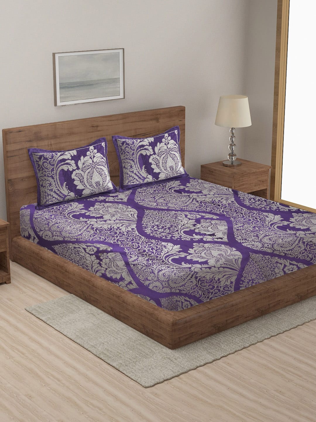MULTITEX Purple & Silver-Coloured Self-Design Cotton Double Queen Bed Cover With 2 Pillow Covers Price in India