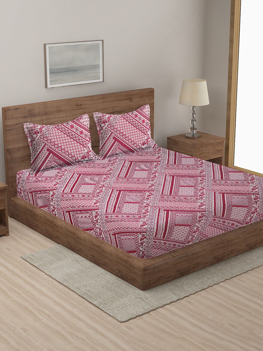 MULTITEX Pink Printed Cotton Double Queen Bed Cover with Two Pillow Covers Price in India