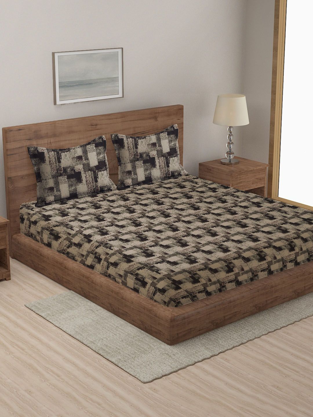 MULTITEX Brown & Beige Printed 350-499 TC Double Queen Bed Cover With Pillow Covers Price in India
