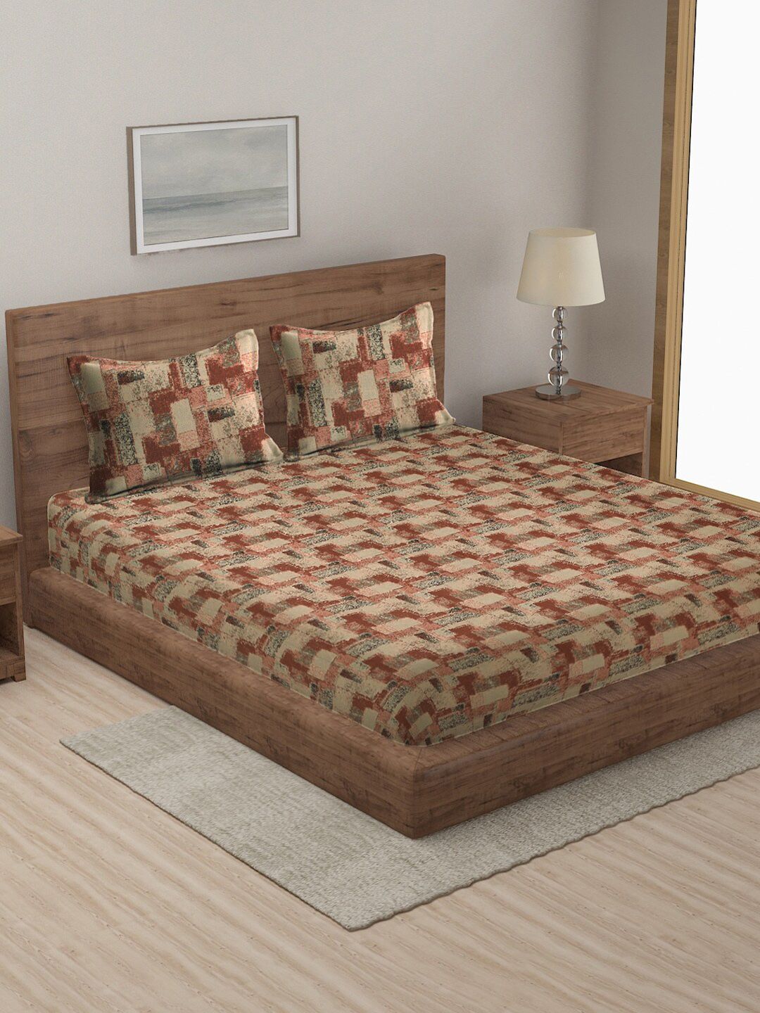 MULTITEX Rust & Brown Self-Design Cotton Double Queen Bed Cover With 2 Pillow Covers Price in India