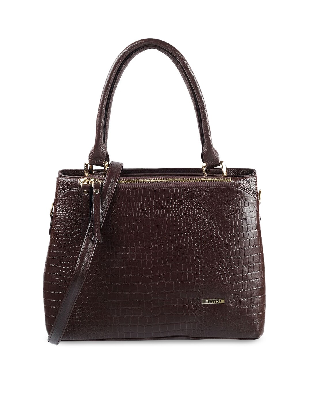 Metro Brown Textured Leather Structured Handheld Bag Price in India