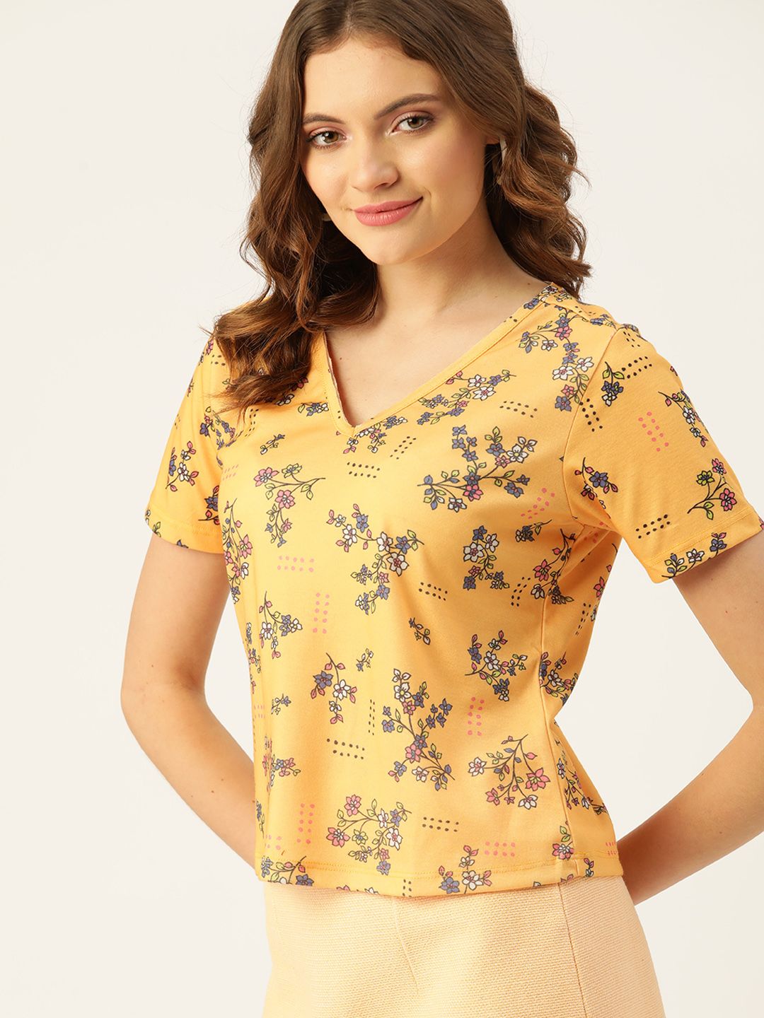 DressBerry Yellow & Blue Floral Print Denim Top Price in India
