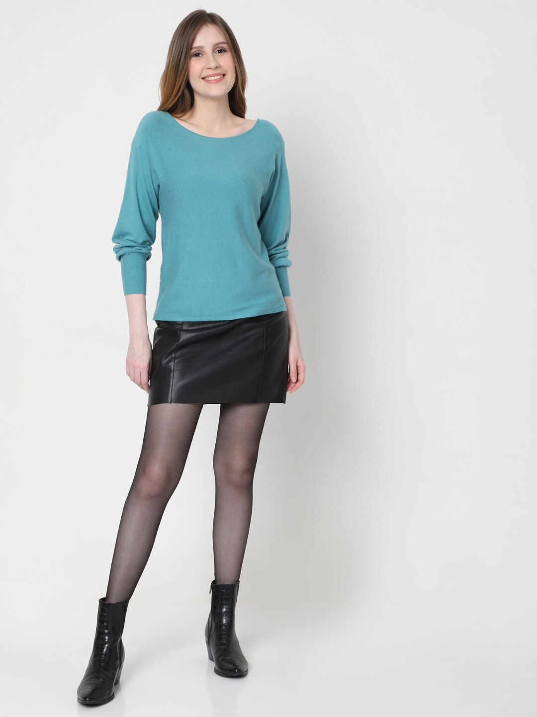 Vero Moda Women Turquoise Blue Solid Cuffed Sleeves Pullover Price in India