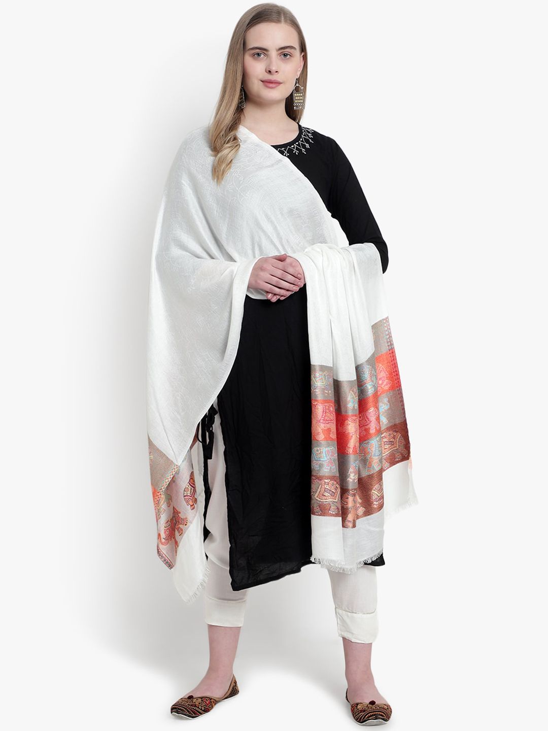 Mizash Women White & Orange Ethnic Motifs Woven Design Shawl Price in India