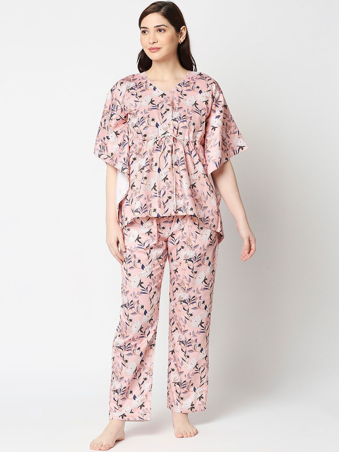 Pyjama Party Women Peach-Coloured & White Printed Pure Cotton Kaftan Night suit Price in India