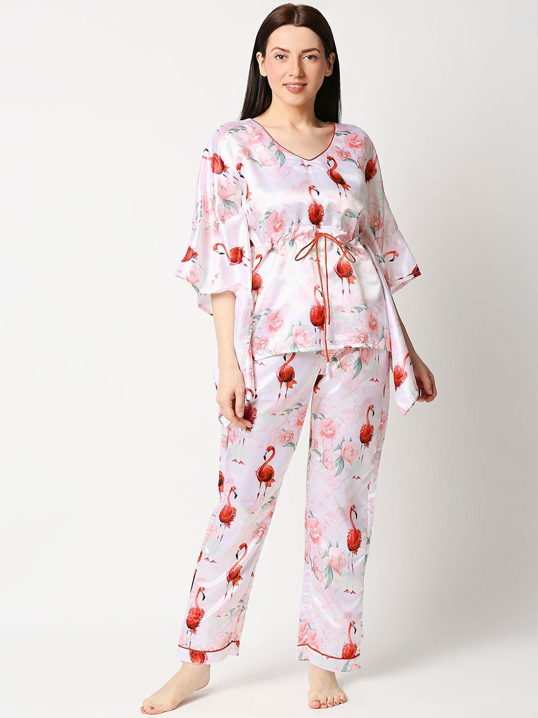 Pyjama Party Women White & Red Floral Printed Satin Kaftan Night suit Price in India