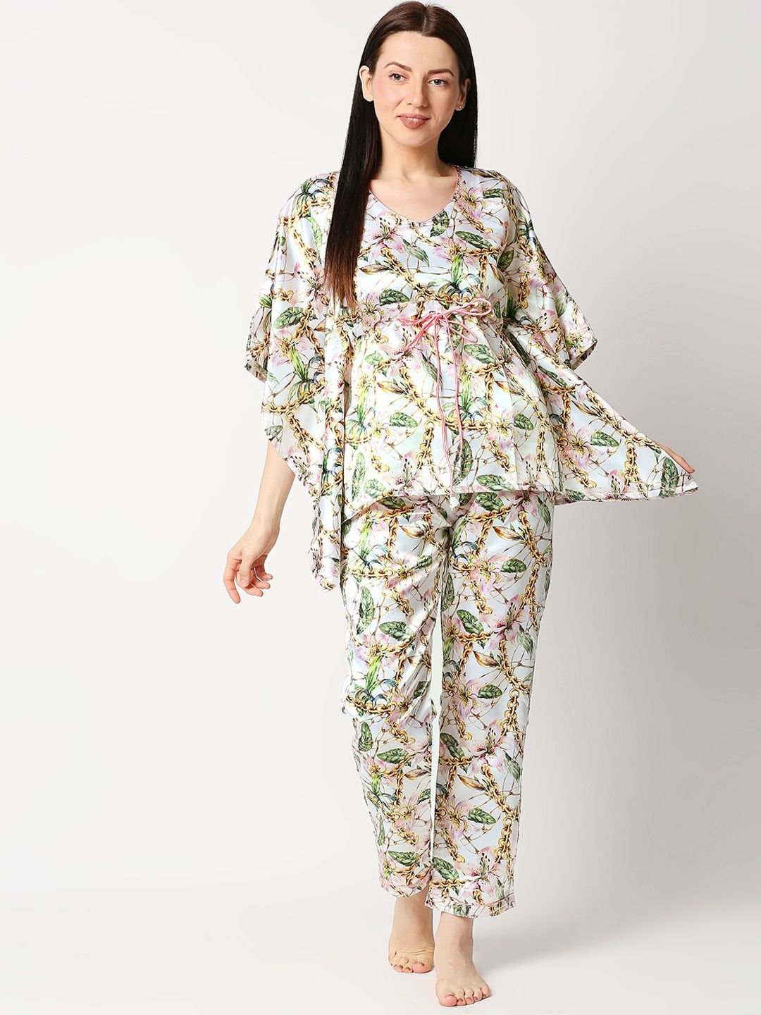 Pyjama Party Women Off-White & Pink Floral Printed Satin Kaftan Night Suit Price in India