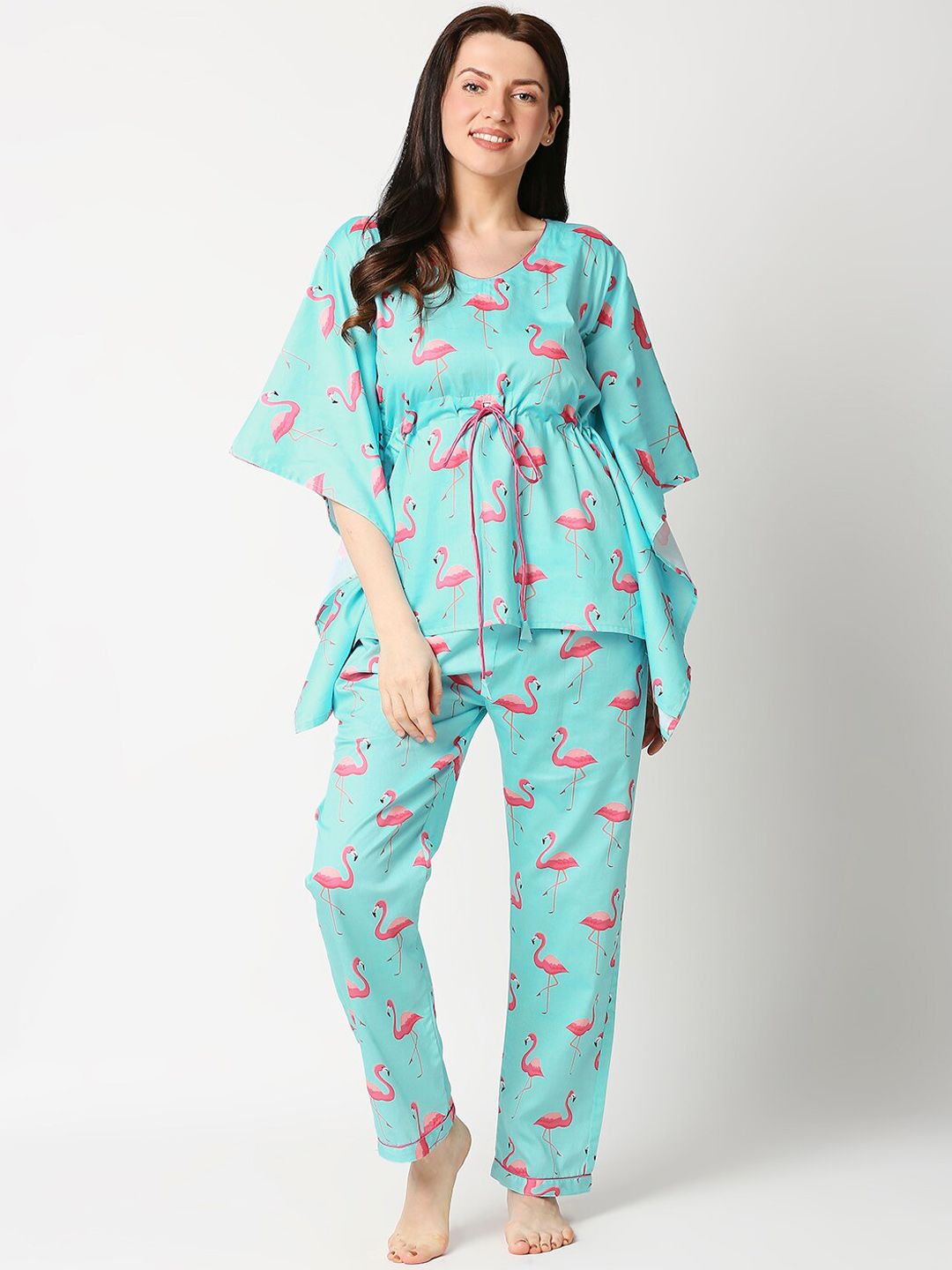 Pyjama Party Women Turquoise Blue & Pink Printed Pure Cotton Kaftan Night suit Price in India