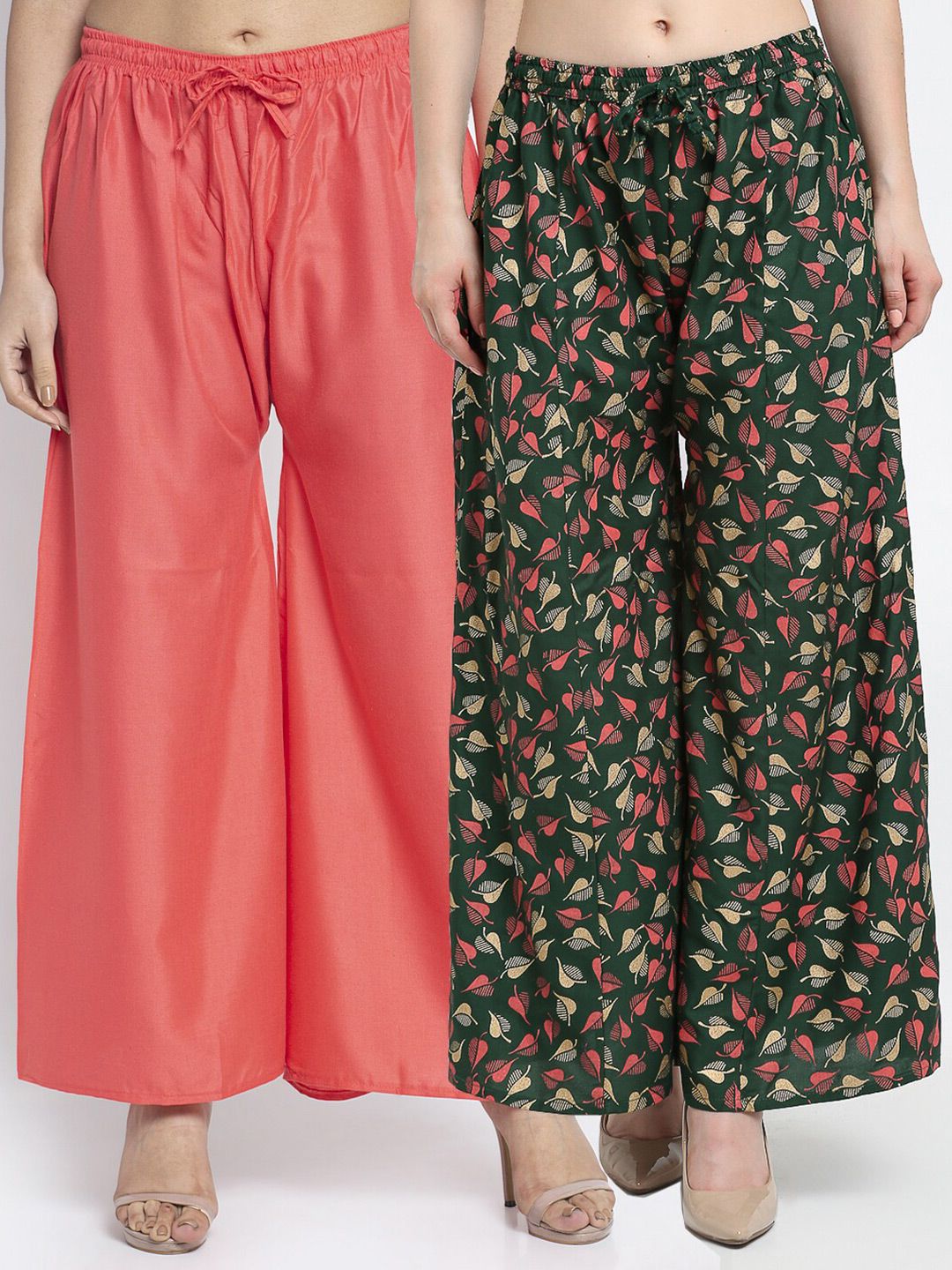 Jinfo Women Orange & Green Pack Of 2 Floral Printed Knitted Ethnic Palazzos Price in India