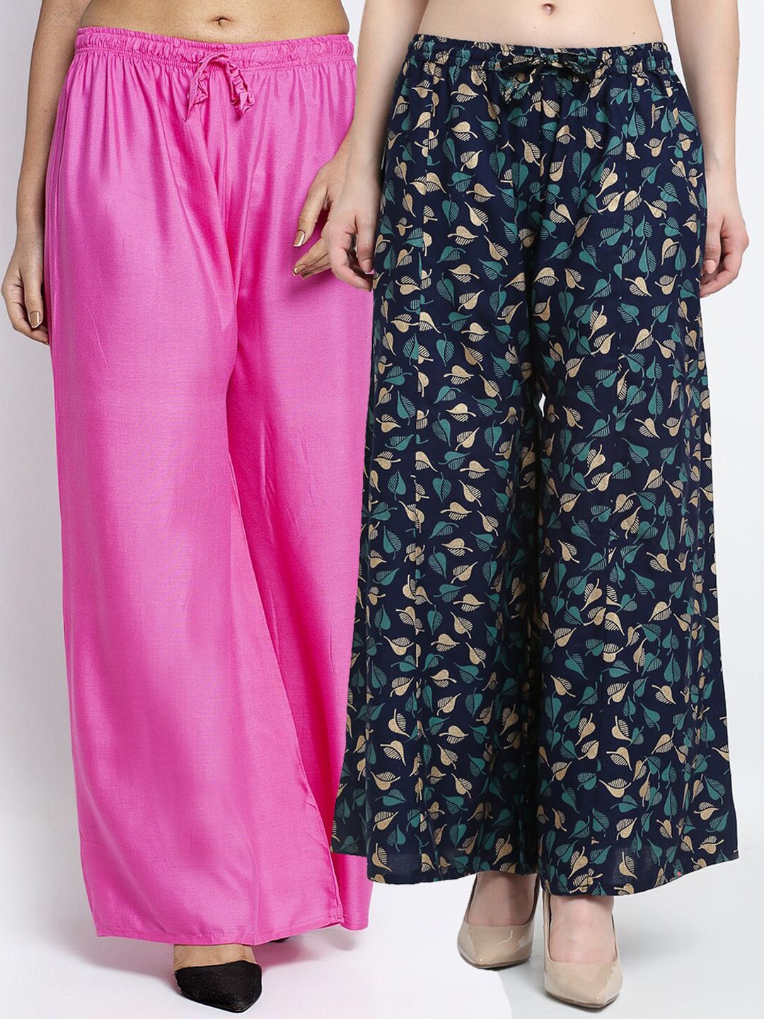 Jinfo Women Pink & Navy Blue Pack Of 2 Printed Flared Knitted Ethnic Palazzos Price in India