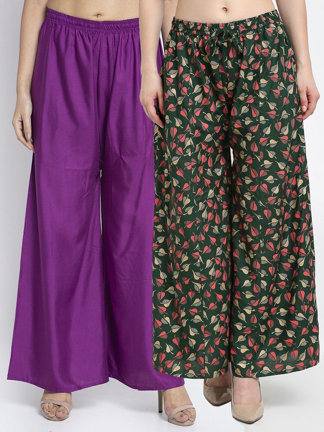 Jinfo Women Pack of 2 Purple & Green Floral Printed Flared Ethnic Palazzos Price in India