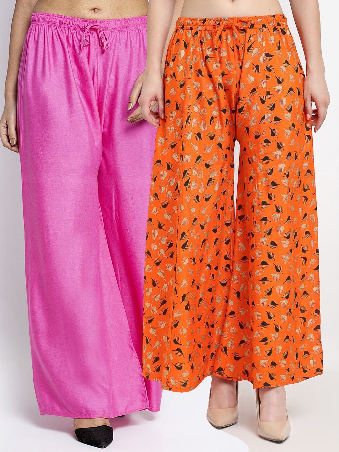 Jinfo Women Pack Of 2 Pink & Orange Floral Printed Flared Knitted Ethnic Palazzos Price in India