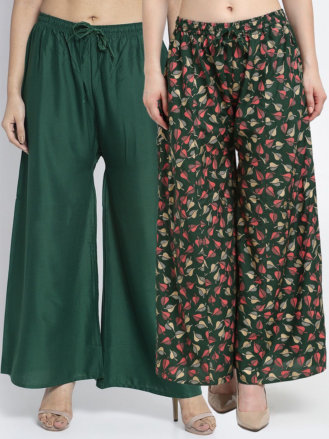 Jinfo Women Pack Of 2 Green & Pink Floral Printed Flared Ethnic Palazzos Price in India