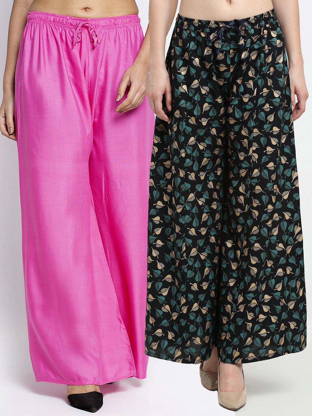 Jinfo Women Pink & Black Pack Of 2 Printed Knitted Ethnic Palazzos Price in India