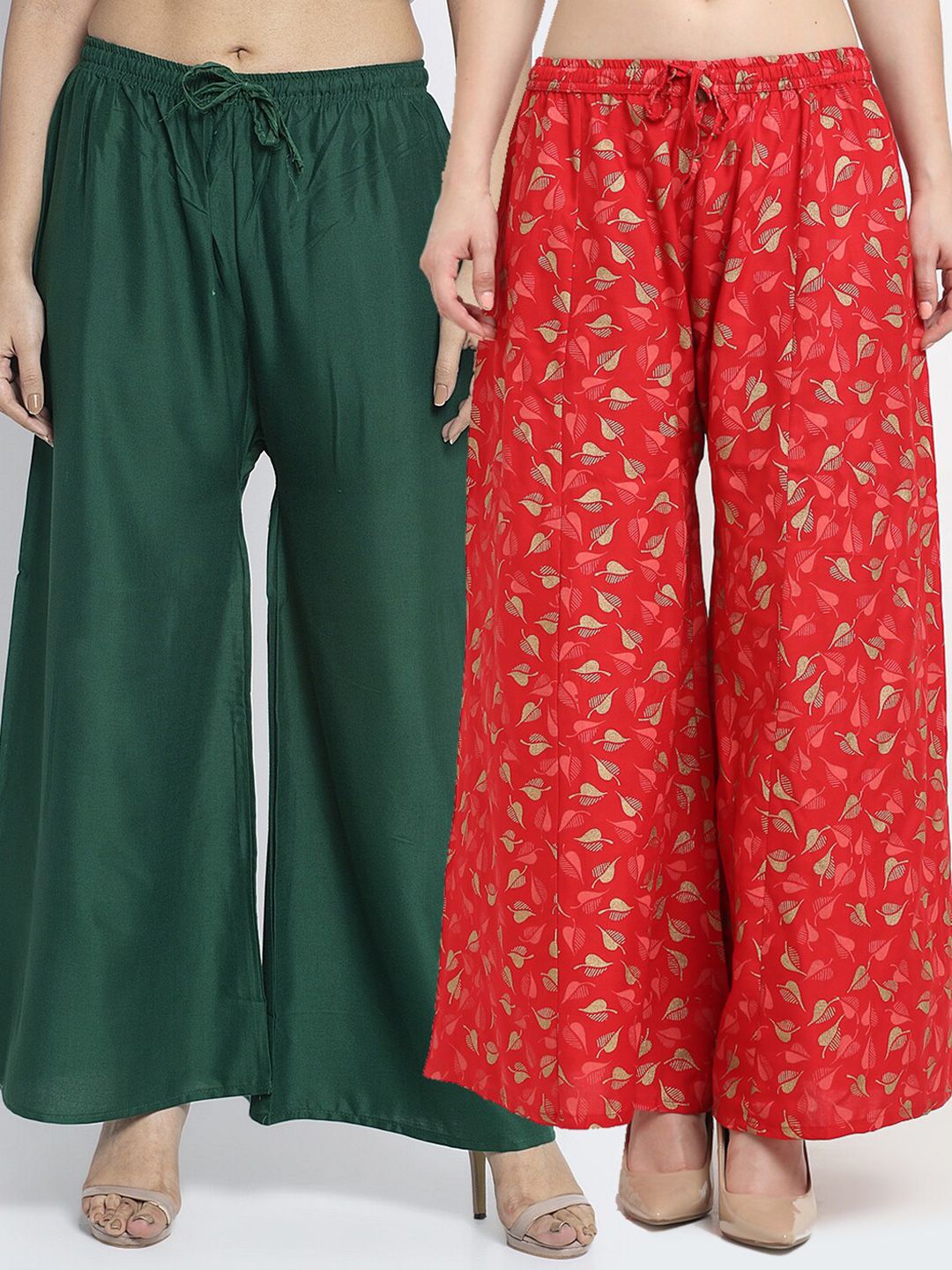 Jinfo Women Pack Of 2 Green & Red Floral Printed Flared Ethnic Palazzos Price in India