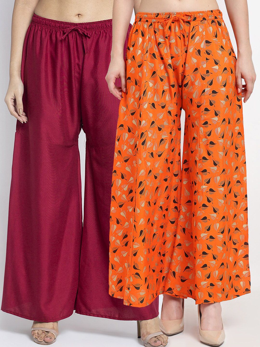 Jinfo Women Pack Of 2 Maroon & Orange Printed Flared Palazzos Price in India