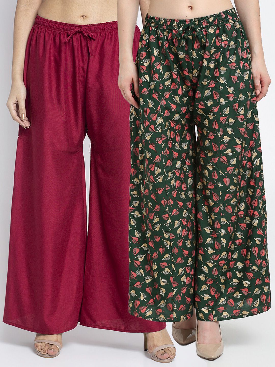 Jinfo Women Pack Of 2 Maroon & Green Floral Printed Flared Ethnic Palazzos Price in India