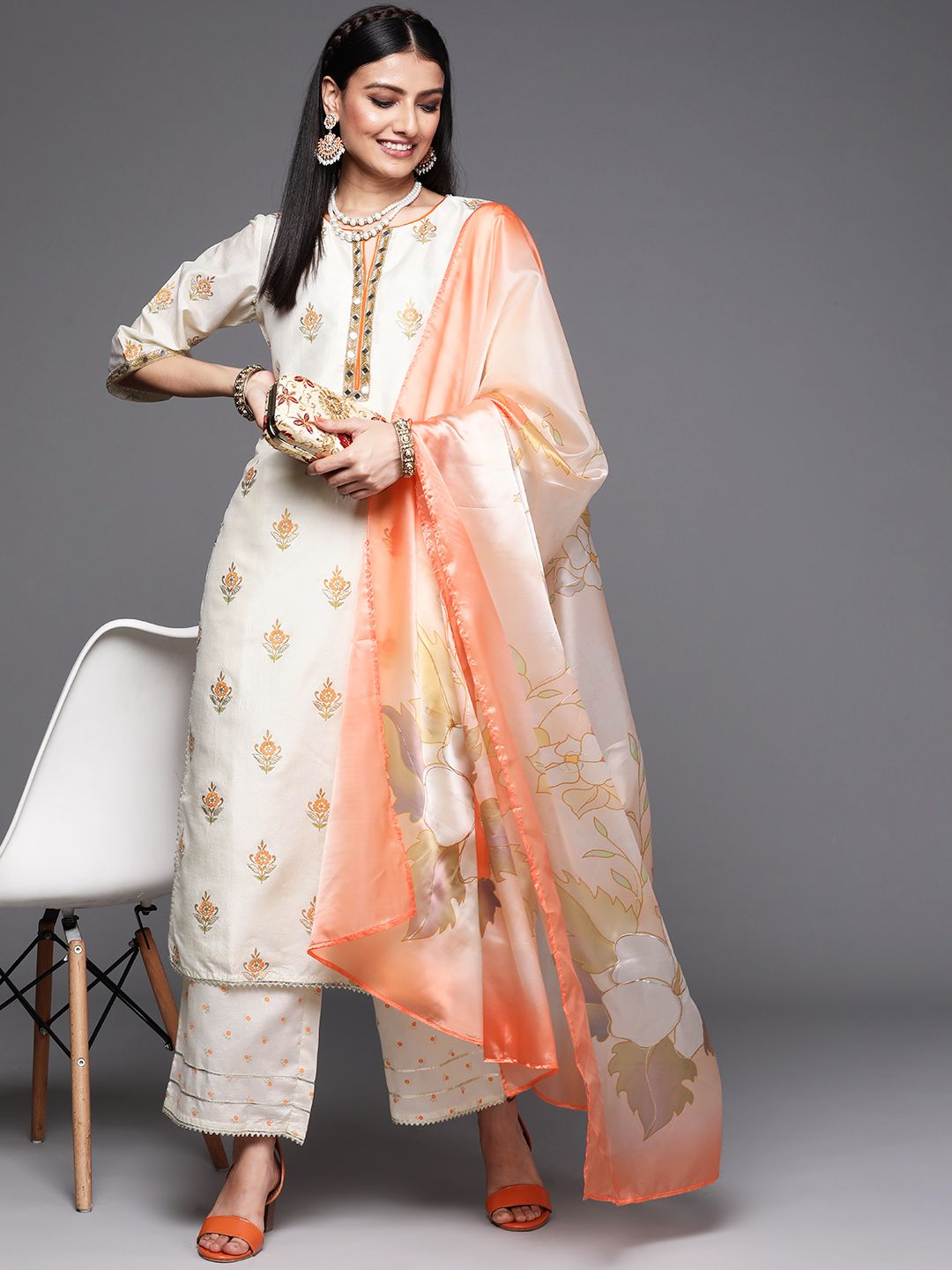 Libas Women Cream-Coloured & Orange Floral Printed Straight Kurta with Palazzos Dupatta Price in India