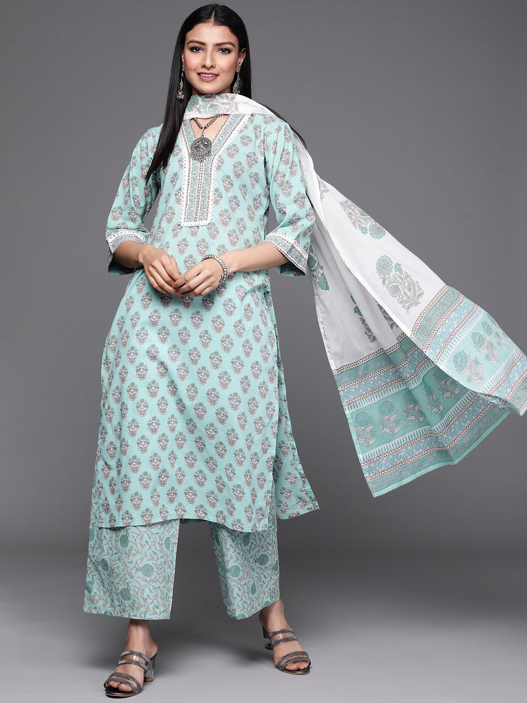 Libas Women Sea Green & White Floral Printed Cotton Straifht Kurta with Palazzos Dupatta Price in India