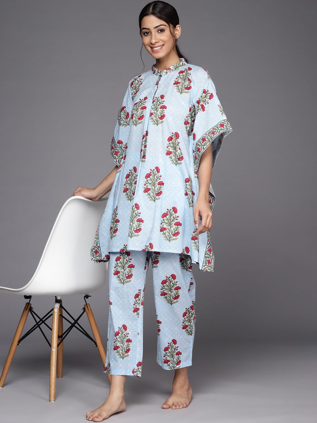 Libas Women Blue & White Floral Print Cotton Longline Pyjama Set Price in India